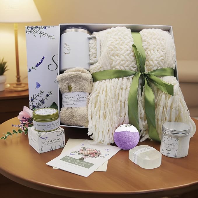 Self Care Gift Basket for Women.Spa Gift Set w Tassel Blanket.Birthday,Get Well Soon,Mother’s Day, Sympathy,Thinking of You Care Package,Relaxation Gifts for Mom,Wife,Grandma,Friend,Her.
