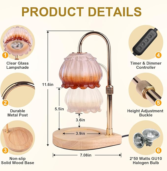 Candle Warmer Lamp with Timer, Adjustable Height Dimmable Candle Warmer Light, Gift for Women Glass Shade Electric Jar Candle Warming Lantern,Home Decor Cozy House Warming Gifts,Coffee