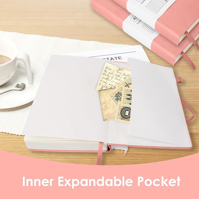 Journals for Writing, A5 Leather Ruled Notebook with 400 Pages, 100 Gms College Ruled Journal with Thick Paper, Hardcover with Inner Pocket & Pen Holder, Pink