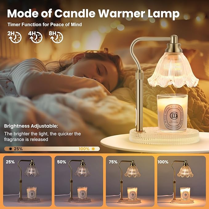 Candle Warmer Lamp with Timer,Electric Candle Warmer,Glass Base with Anti Slip Pads,Dimmable,Adjustable Height,Wax Warmer Lamp,Glass Lampshade,Vintage Home Decor (Flower)