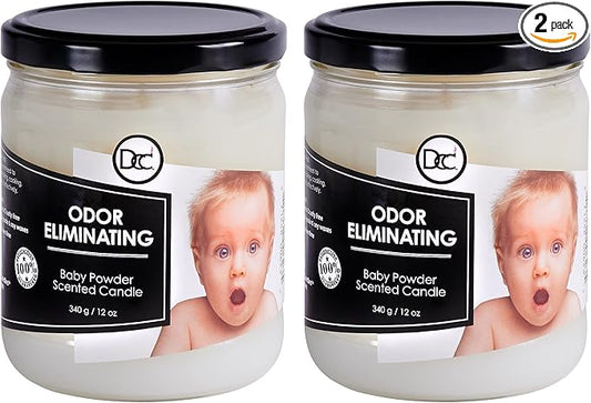 Baby Powder Two Pack Odor Eliminating Highly Fragranced Candle - Eliminates 95% of Pet, Smoke, Food, and Other Smells Quickly - Up to 80 Hour Burn time - 12 Ounce Premium Soy Blend