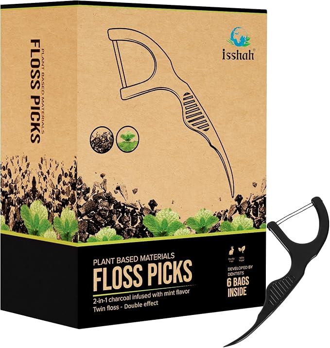 Plant Based Dental Floss Picks (300 Count) - Freshlock EcoPouch, Plant Based, Vegan, Eco Friendly, Sustainable Dental Flossers - Twin Floss (Charcoal)