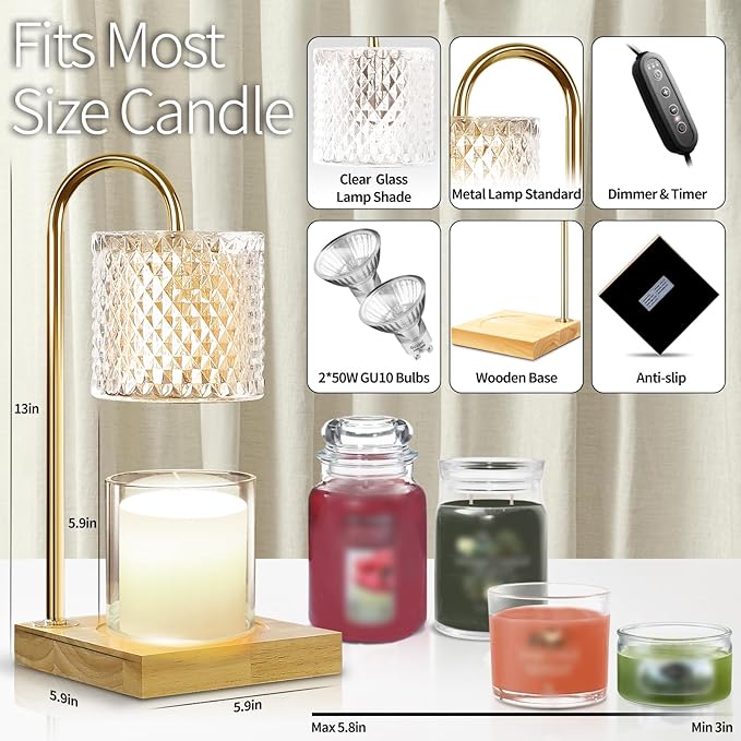 Candle Warmer Lamp, Candle Lamp Wax Warmer, Timer & Dimmer 7-Levels, Fits Cup Jar Candle, Top Melting, Crystal Heater Lamp for Scented Wax, Elegant Home Decor, Clear Glass