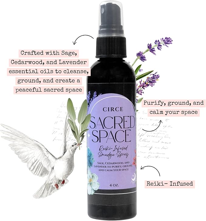 Circe Sacred Space Smudge Spray – 100% Natural Smoke Free Alternative to Clear Negative Energy, Restore Peace & Balance -Sage, Cedarwood & Lavender Blend - Soothing, Grounding, Self Care, Gift - 4oz