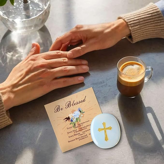 LAIDANLA Opalite Cross Engraved Healing Crystal Worry Stones for Pray Faith Anxiety Relief Oval Palm Stone Polished Natural Crystal Gifts