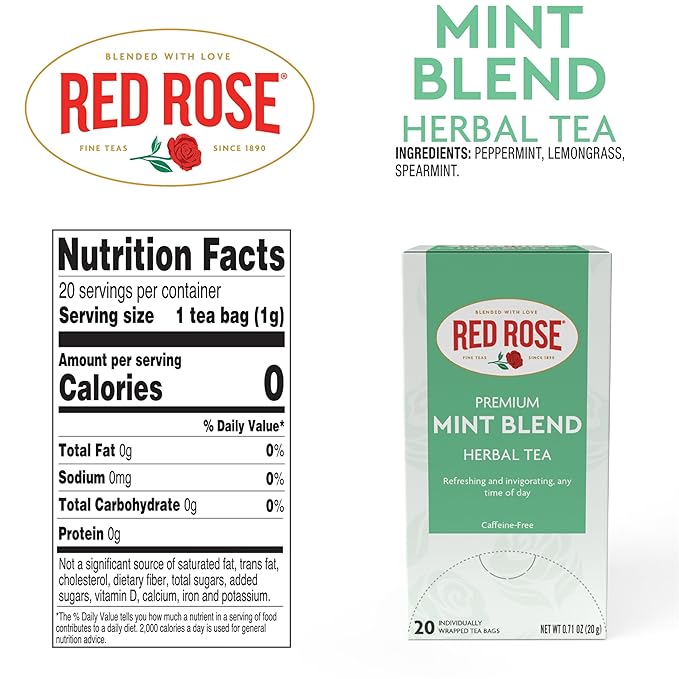 Red Rose Mint Blend Herbal Tea Naturally Flavored Refreshing Mint Herbal Tea Bursting with Delicious Flavor Beverage with 20 Individually Wrapped Tea Bags Per Box (Pack of 6) Caffeine Free Brew Hot