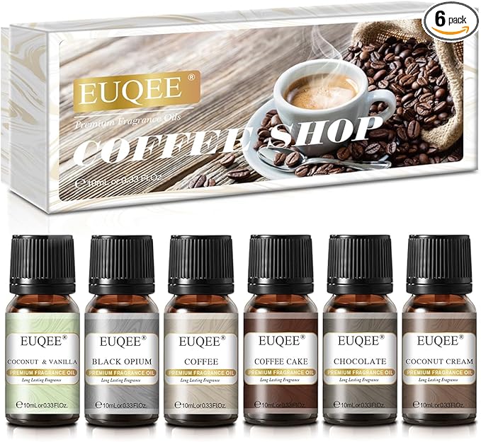 EUQEE 6PCS Coffee Fragrance Oil Set(10ml), Premium Fragrance Essential Oils Set for Candle Making, Diffuser-Coffee, Chocolate, Cake, Coconut Cream, Coconut & Vanilla