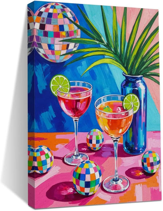 Disco Cocktail Print Wall Art, Retro Disco Ball Maximalist Canvas Framed Prints Modern Decorations, Funky Poster for Bar Cart Decor Living Room Entryway Bedroom Aesthetic