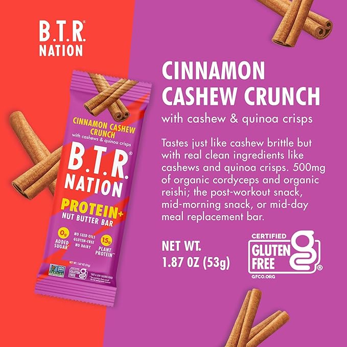 B.T.R. Nation Vegan Keto Plant Based High Protein & High Fiber Bars - Cinnamon Cashew Crunch Protein+ | 12 Bars | Low Carb & GF, Free of Sugar Alcohols, Dairy, Soy and with Powerful Superfoods!