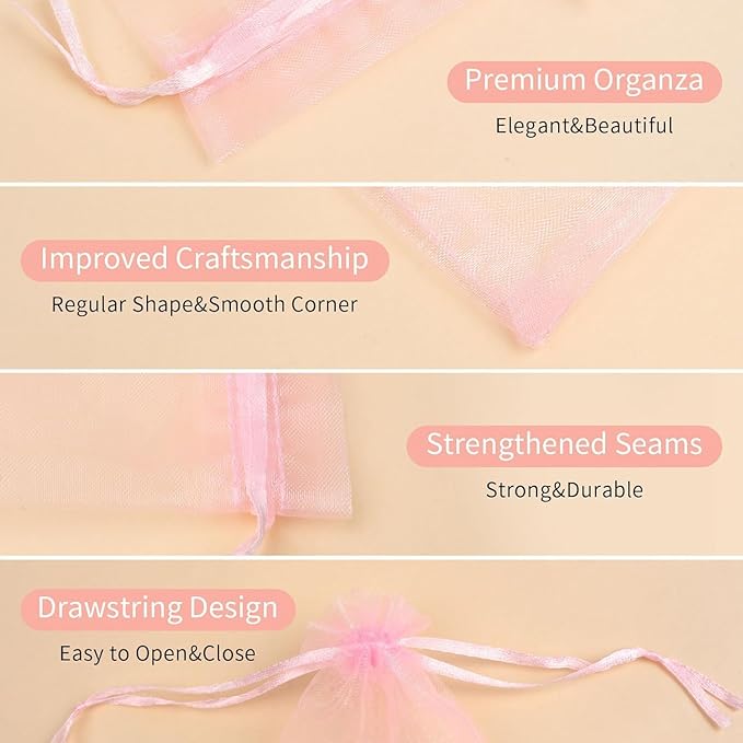 50 Pcs Pink Organza Bags 3x4 Inch, Jewelry Pouch Bags Small Mesh Bag Drawstring Gift Goody Bag for Candy Party Favor Wedding