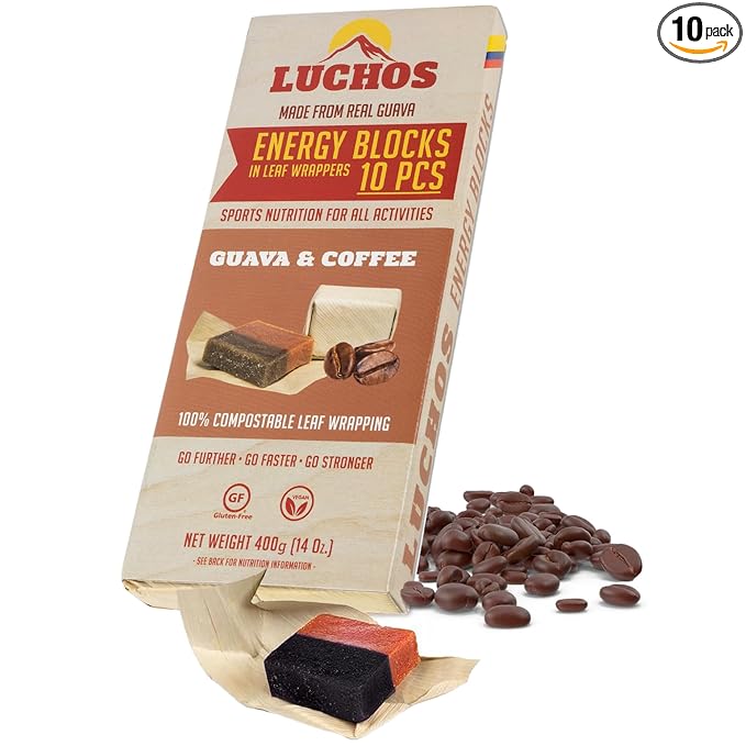 LUCHOS Natural High Energy Bars Power Blocks for Sports, Endurance, Running, Hiking, Cycling, Pre Workout Healthy Snacks, High Carb, Vegan and Gluten Free, Guava and Coffee, 10 Pieces