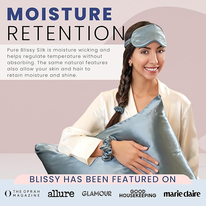 Blissy Silk Sleep Mask - Silk Eye Sleeping Mask for Women & Men for Total Blackout - 100% Pure Mulberry Silk, 22 Momme 6a Fibers - Blindfold Silk Sleep Mask Side Sleeper Eye Cover (Ash Blue)