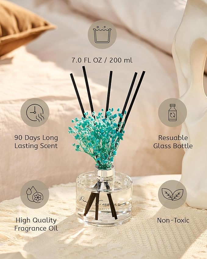 M&SENSE Reed Diffuser Set with 7 Sticks | 7.0oz Fresh Lemon & Freesia & Magnolia Scent, Long Lasting Floral Fragrance, Home Diffuser with Baby's Breath Flower Gifts for Friends Teachers & Mothers Day