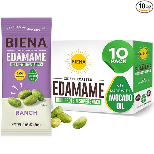 Biena Crispy Roasted Edamame Beans Snack – High Protein Low Carb Snack for Adults & Kids, 12g Protein per Serving - Made w/Avocado Oil – Vegan, Gluten-Free – 10-Pack, 1.05oz Bags, Ranch