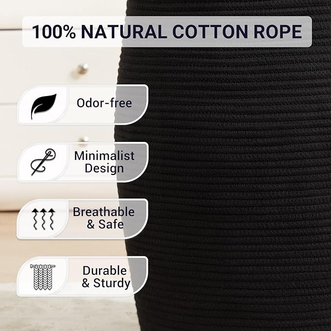 Fiona's magic Cotton Rope Laundry Hamper Basket, 65L Woven Large Laundry Basket, Tall Dirty Clothes Hamper for Storage Blankets, Toys in Bedroom, Living Room Organizing-Collapsible-Black