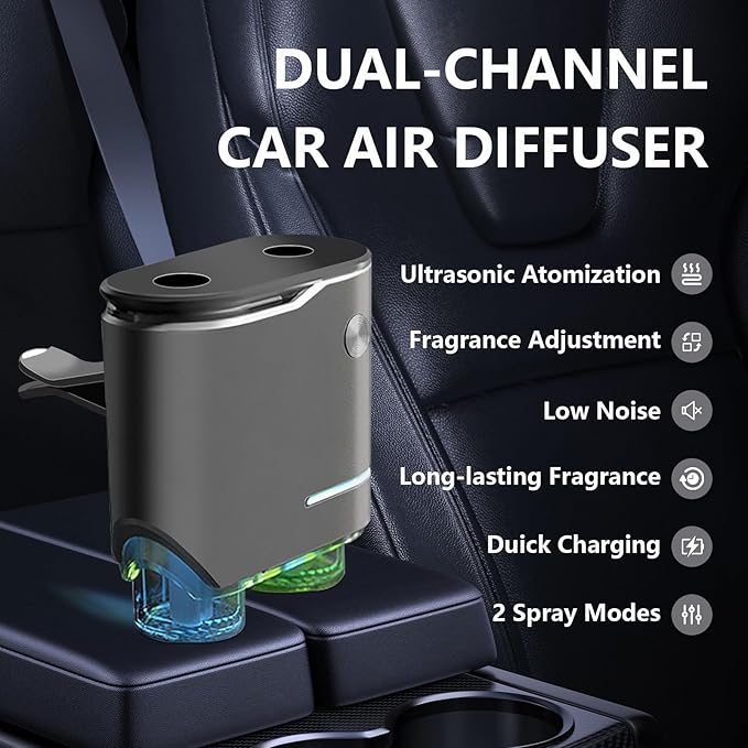 Smart Car Air Fresheners with Dual-Channel Diffuser & 4pcs Essential Oils, Automotive Scent Dispenser Rechargeable Aromatherapy Diffuser Vent Clip for Cars, 3 Adjustable Modes, Long-Lasting Fragrance