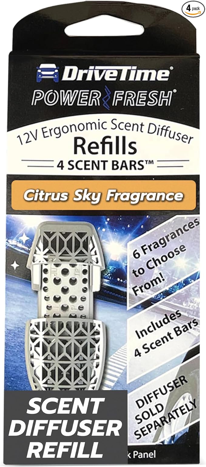 Drive Time Reusable 12V Plug-in Car Air Freshener – Power Fresh, Auto Shut-Off, Plug-In Convenience, No Batteries Needed – Includes 4 Scent Bars for Up to 30 Days of Freshness – Citrus Sky