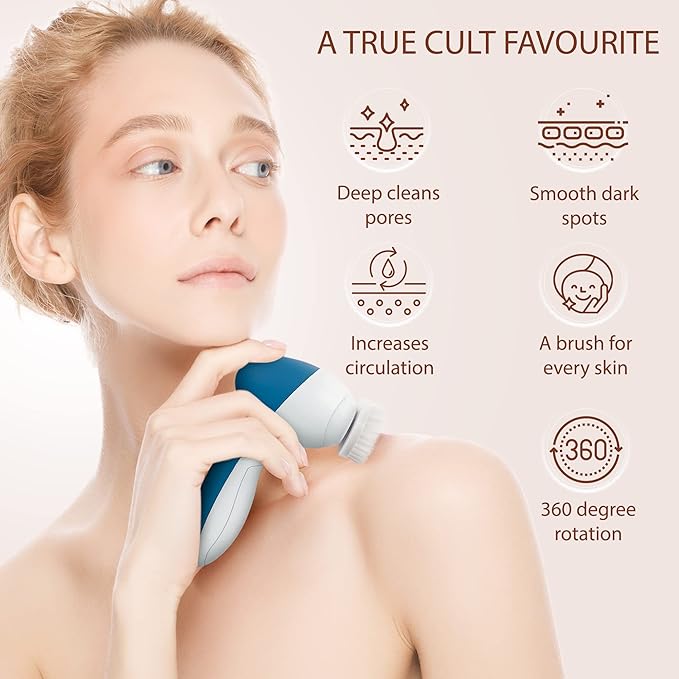 Face Scrubber | Facial Cleansing Brush Exfoliator Skin Care Products Beauty Products Powered Electric Wash Exfoliating Spin Cleanser Cleaning Scrub Including 7 Heads (Sapphire)