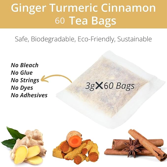 60 Bags Premium Turmeric Ginger Cinnamon Tea Bags Organic,100% Natural Ginger Turmeric Herbal Tea,Supports Digestion,Skin Health & Sleep,Veganism No Sugar, No Caffeine, No Gluten (1)