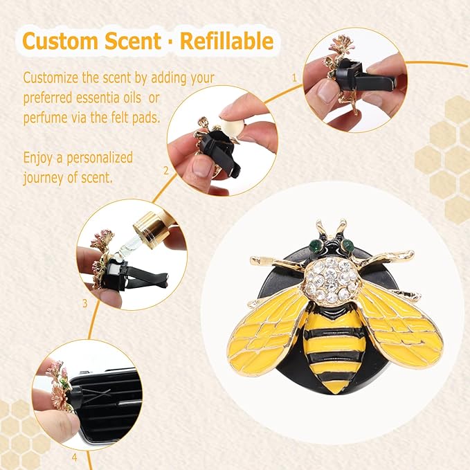 Bling Bumblebee Car Air Freshener Vent Clip,2pcs Cute Yellow Bee Alloy Vent Clips Car Accessories with Rhinestones,Women Car Air Freshener Car Charm