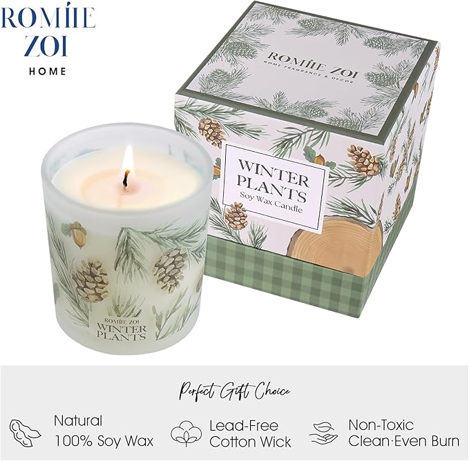 ROMIIE ZOI Christmas Scented Candle - 6oz Soy Wax Candle for Decoration, Winter Candle, Infused with Winter Pine Aroma - Cream & Green Gift Box Packaged for Holiday Season Gift