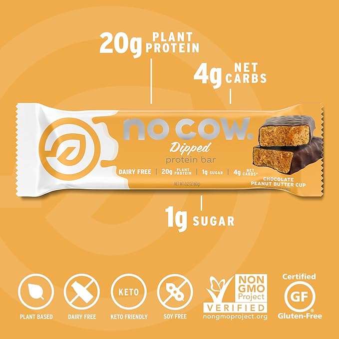 No Cow Vegan Protein Bars, Upgraded Peanut Butter Cup | 20g Plant Based Protein, Gluten Free, Dairy Free, Soy Free, Keto Friendly, Low Sugar, High Fiber Snack Bars | Pack of 12