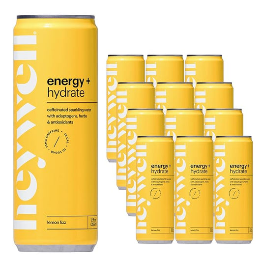 Heywell Sparkling Adaptogenic Water Energy and Focus, Lemon Fizz Flavor 12 Fluid Ounce (Pack of 12) - Caffeinated, Organic, Non GMO, Vegan, Gluten Free, Dairy Free