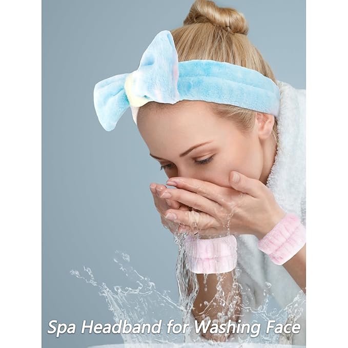 VELSCRUN Spa Headband, Makeup Face Wash Skincare Headbands, 5 Pcs Light Colorful Sponge Bow Tie Get Ready HairBand Facial Wristband Hair Clips Set, Stuff for Teen Girls Women Trendy Hair Accessories