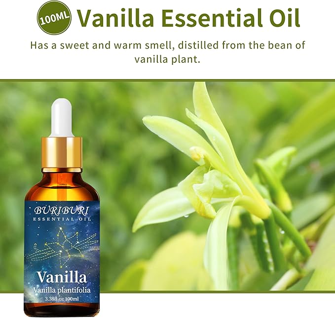 BURIBURI 100ML Vanilla Essential Oil, 100% Pure Undiluted Aromatherapy Vanilla Oil 3.38fl.oz for Soap, Candle Making, Massage, Diffuser, Humidifier
