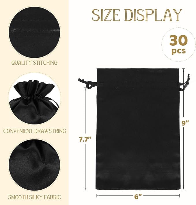 Black Satin Cloth Gift Bags, 30Pcs 6x9 with Drawstring, For Wedding, Birthday, Halloween Party, or Bachelor Party Favors, Alcohol Bottle, Tarot Journal, Oracle Cards, Bridesmaids