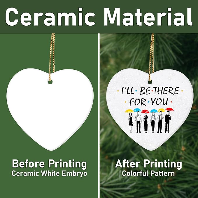 34HD Gifts for Christmas, Coworker Christmas Ornament Heart-Shaped Ceramic 2-Side Printed, Friends Gifts for Men, Women, Christmas Decorations