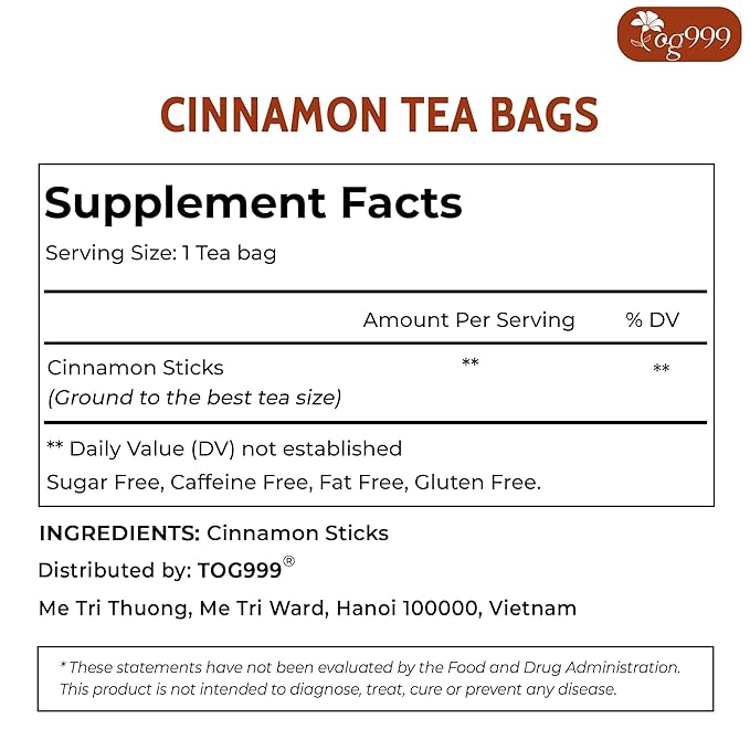 TOG999, Premium 60 Tea Bags - Special Cinnamon Tea, 100% Natural & Pure, Herbal Tea. Cinnamon Stick Herbal Spice Tea. No Sugar, No Caffeine, No Gluten, Vegan.