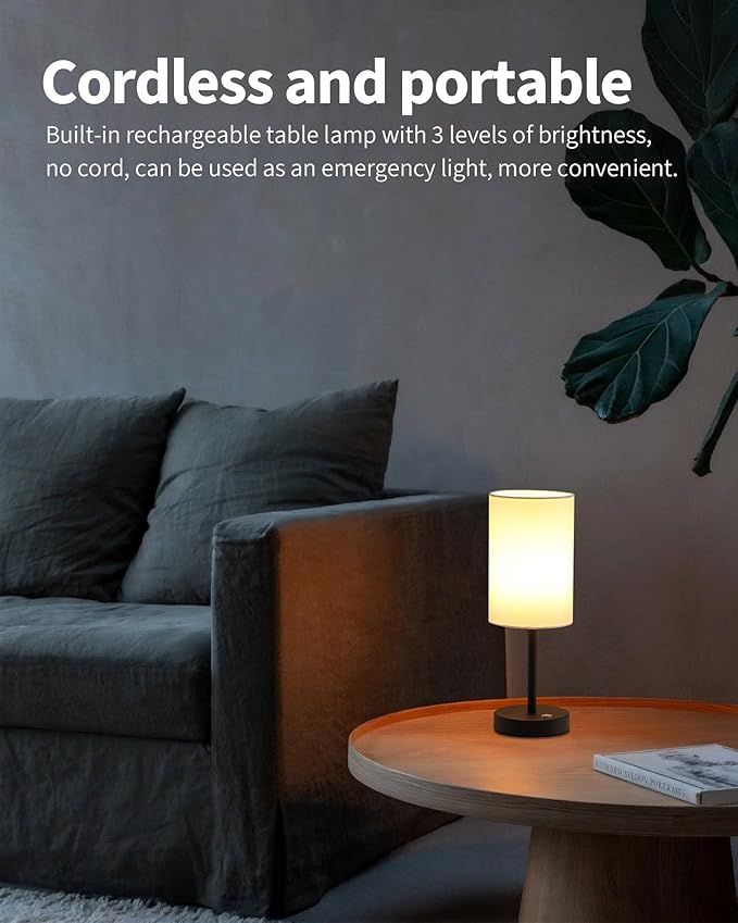 KDG Simple Cordless Table lamp, Portable Bedside 5000mAh LED Desk Lamp, 3 Brightness Levels Emergency Light, Linen Lampshade for Living Room, Bedroom, Dining Room, Night Light (Black)