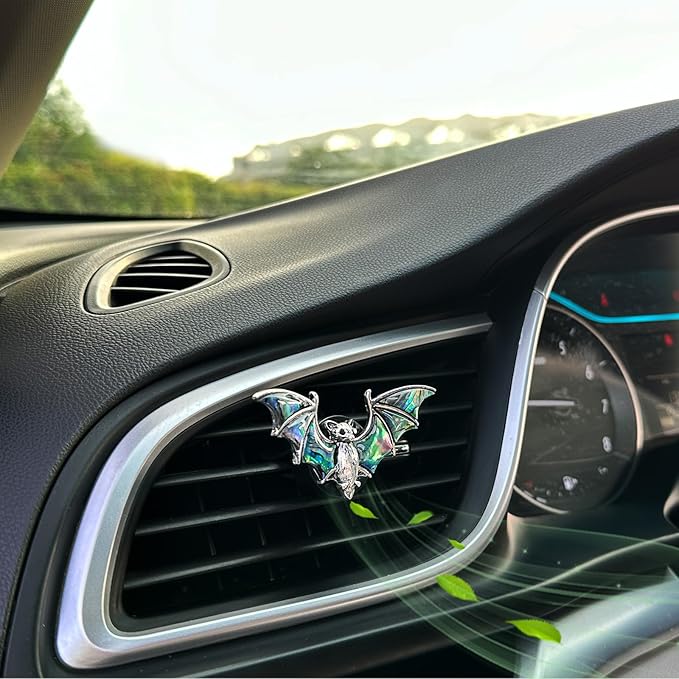 Bat Air Vent Clip Car Air Freshener Outlet Clips Natural Abalone Shell Seashell Color Vampire Bat Car Accessories Gothic Car Decor Refillable Car Diffuser Clips (Small Bat)