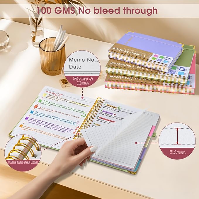 Hardcover Spiral Notebooks for Work, 5 Subject Notebook College Ruled with Dividers Tabs, Lined Organizer Notebook Journal for Women, 240 Pages Small A5 Notebooks for School Note Taking, 5x7 Pink