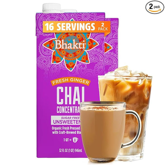 Bhakti Chai Tea Concentrate | Sugar-Free, Organic Fresh Ginger, Black Tea, Spiced, Dairy-Free, Vegan (Pack of 2)