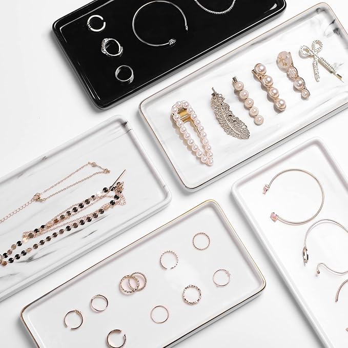 Gurygo 10" Bathroom Tray for Counter, Ceramic Vanity Trays for Bathroom, Small Rectangle Ceramic Trays, Kitchen Soap Ceramic Tray for Kitchen Counter, (Marble White, Set/1)