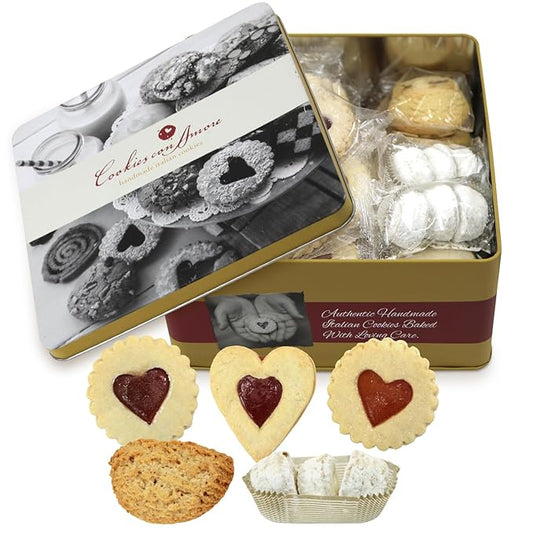 Assorted Italian Cookies Gift Box, 30+ Pieces Individually Wrapped Traditional Gourmet Cookies - 2Lb Square Tin with Authentic Premium Pastries for Holiday Gifting, Coffee Pairing, and Christmas Celebrations
