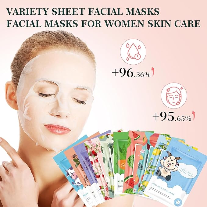 10 Sheets Face Masks Skincare for All Skin Types, Hydrating Face Masks Suitable for Sensitive Skin,Watermelon, Aloe Vera, milk, Goat, Peach, Bulk Facial Masks for Women