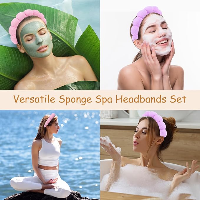 AMCAMI Puffy Spa Headband for Women Sponge Headbands for Girls 2 PCS Terry Towel Cloth Fabric Head Band for Skincare,Makeup Removal,Face Washing,Facial Mask,Shower,Hair Accessories（Purple&Light Pink）