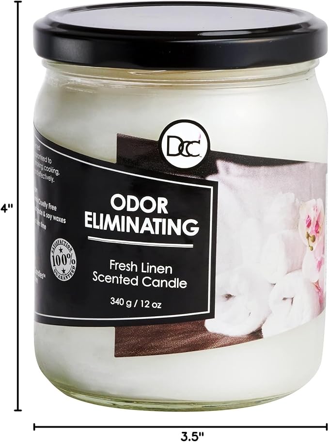 Fresh Linen Odor Eliminating Highly Fragranced Candle - Eliminates 95% of Pet, Smoke, Food, and Other Smells Quickly - Up to 80 Hour Burn time - 12 Ounce Premium Soy Blend