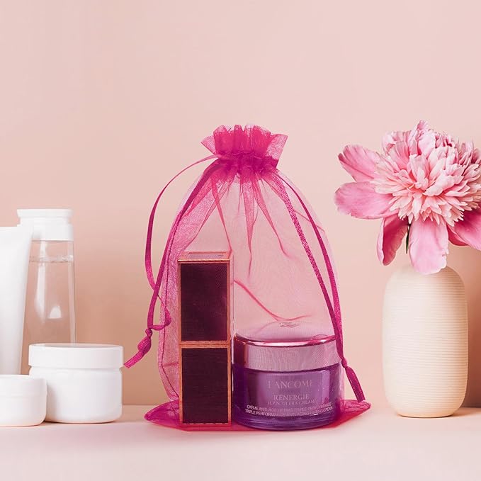 50 Pcs Hot Pink Organza Bags, 3x4 Inch Small Mesh Bags Drawstring Jewelry Pouch Gift Bag Goodie Bag for Wedding Party Favor