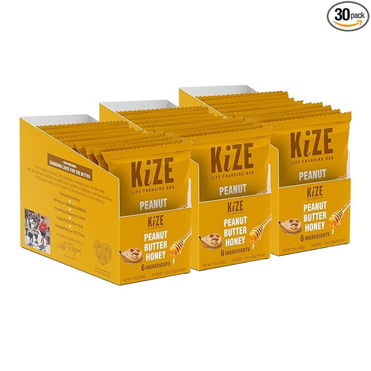 KiZE Energy Bars - Peanut Butter Honey - 30-Count - Gluten Free, Dairy Free, Non-GMO, and High Protein Meal Replacement Energy Bars, Clean and Simple Food Ingredients - 7g High Protein Snacks (30 Count)