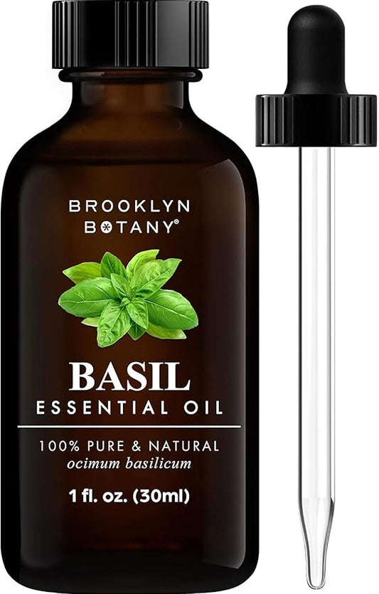 Brooklyn Botany Basil Essential Oil - 100% Pure and Natural - Premium Grade Oil with Dropper - for Aromatherapy and Diffuser - 1 Fl Oz