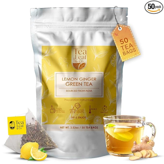Lemon Ginger Green Tea Bags (50 Count), Green Tea with Orange Peel, Black Pepper & Mint Extract, Caffeinated, Real and Natural Green Tea, Blended with Fresh Herbs and Spices, Gluten Free
