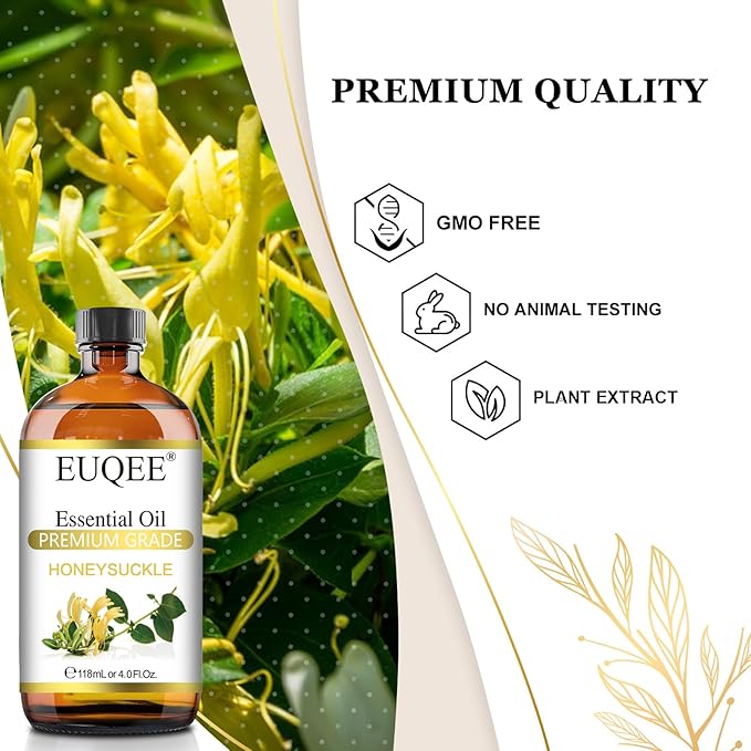 EUQEE Honeysuckle Essential Oil 118ml Pure Honeysuckle Oil Premium Essential Oil - with Glass Dropper Great for Diffuser, DIY Soap, Candle Making - 4Fl. OZ