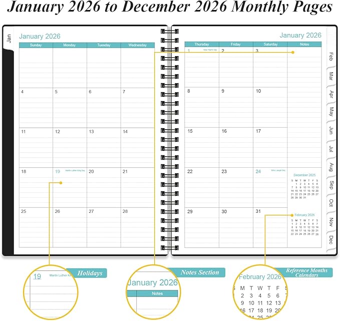 2026 Daily & Monthly Planner - One Page Per Day, Daily Planner from January 2026 to December 2026, Planner 2026 with 12 Monthly Tabs, 6.4" x 8.5", Black