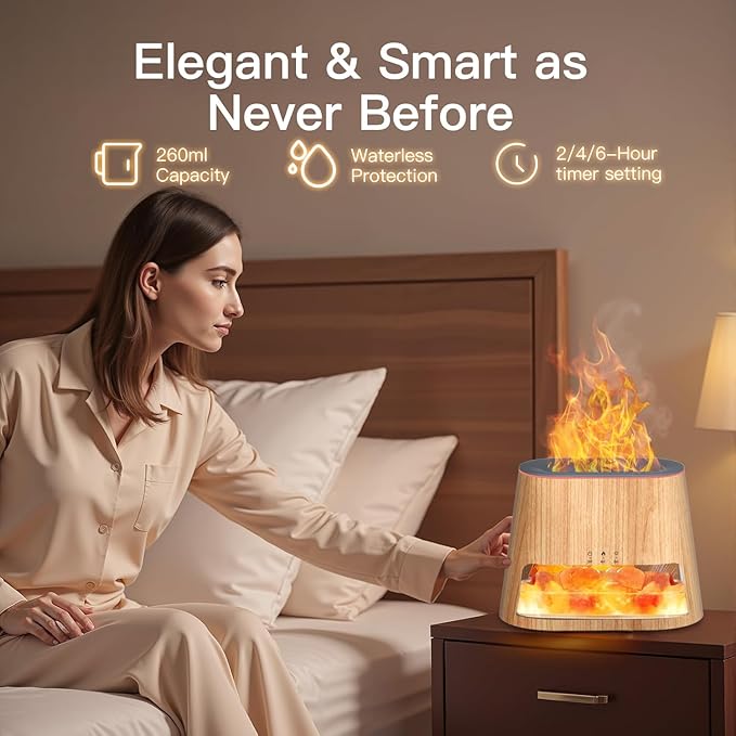 2-in-1 Essential Oil Diffuser and Himalayan Salt lamp, Two Lighting Modes, Aromatherapy Diffuser, Automatic Shut-Off Function, Cold Mist humidifier, Suitable for Home bedrooms, 260ml (Wooden)