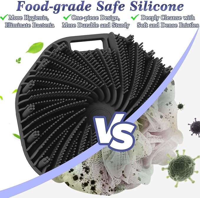 Manmihealth Silicone Back Scrubber & Soft Bath Glove Set 4 PCS(Thin Bristles), Super-Exfoliating Body Scrubber & Super-Lathering Shower Brush Combination, with 2 Free Hooks (Black)