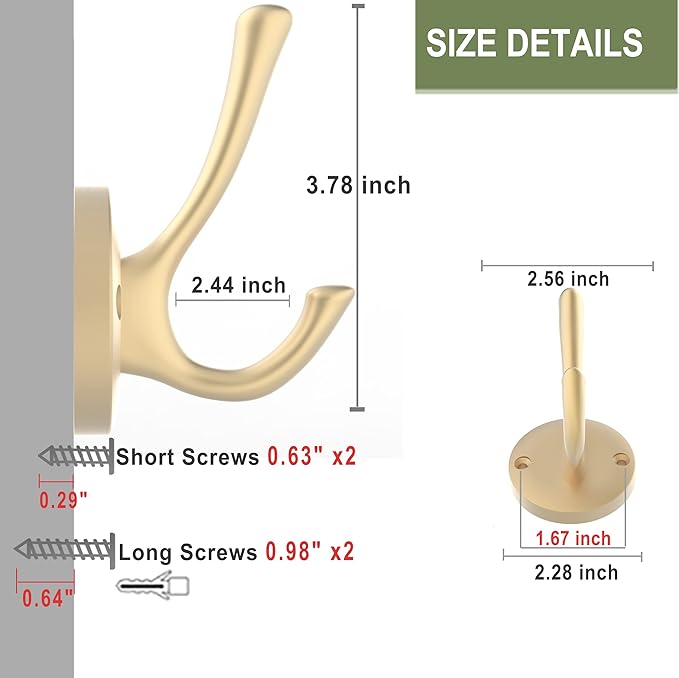 Gold Coat Hooks for Wall, 3 Pack Towel Hook Heavy Duty Metal Double Bath Robe Hook Wall Mount, Hat Hooks for Cubicle Bathroom Kitchen Closet Garage